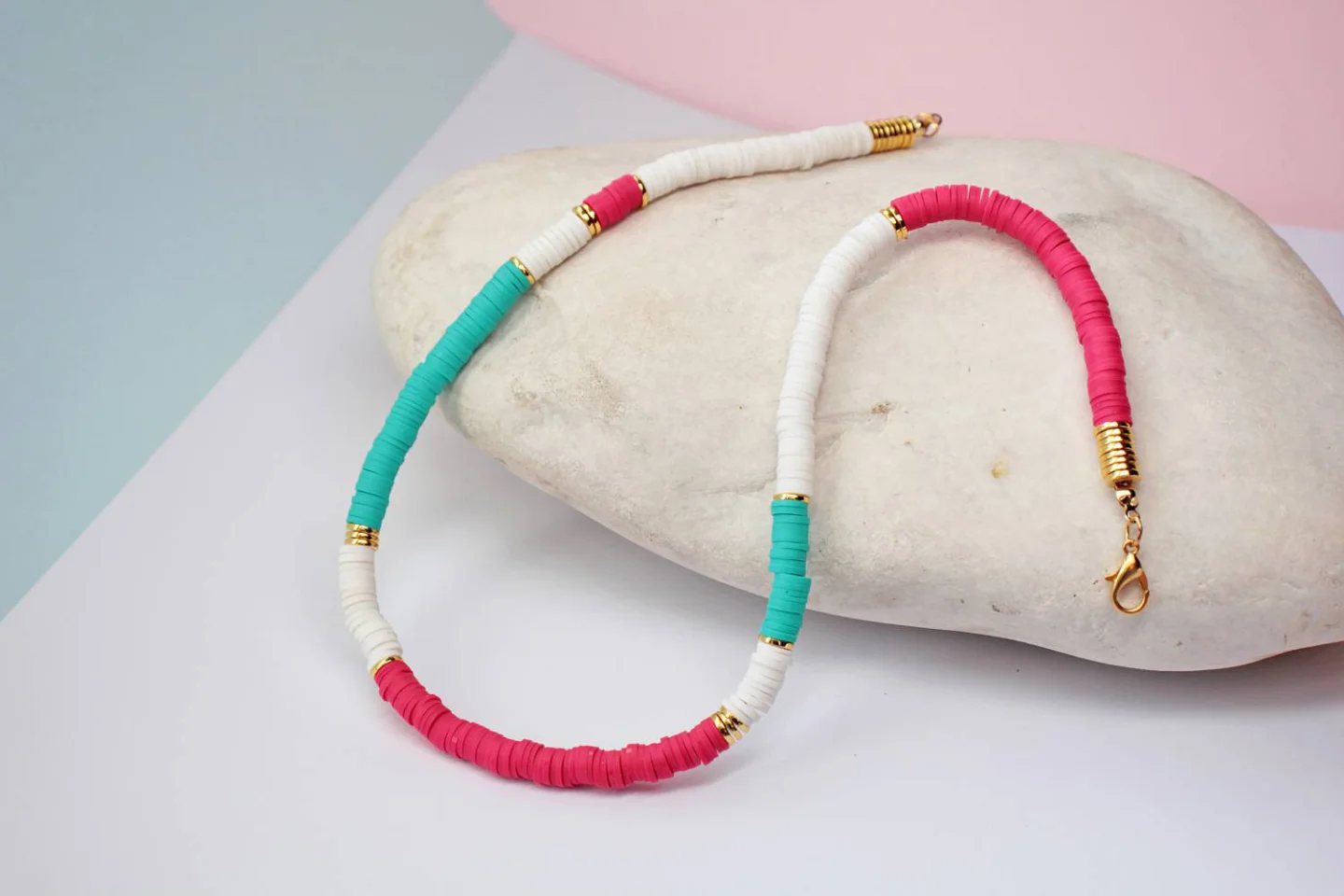multicolor-heishi-beaded necklace.
