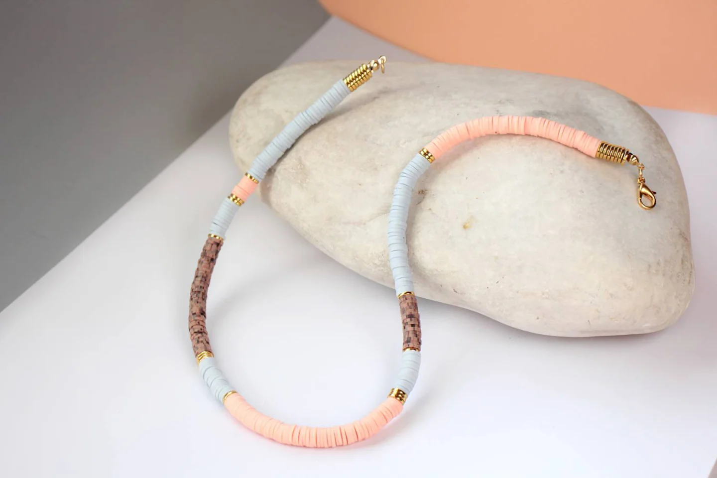 nude-color-heishi-beaded necklace.